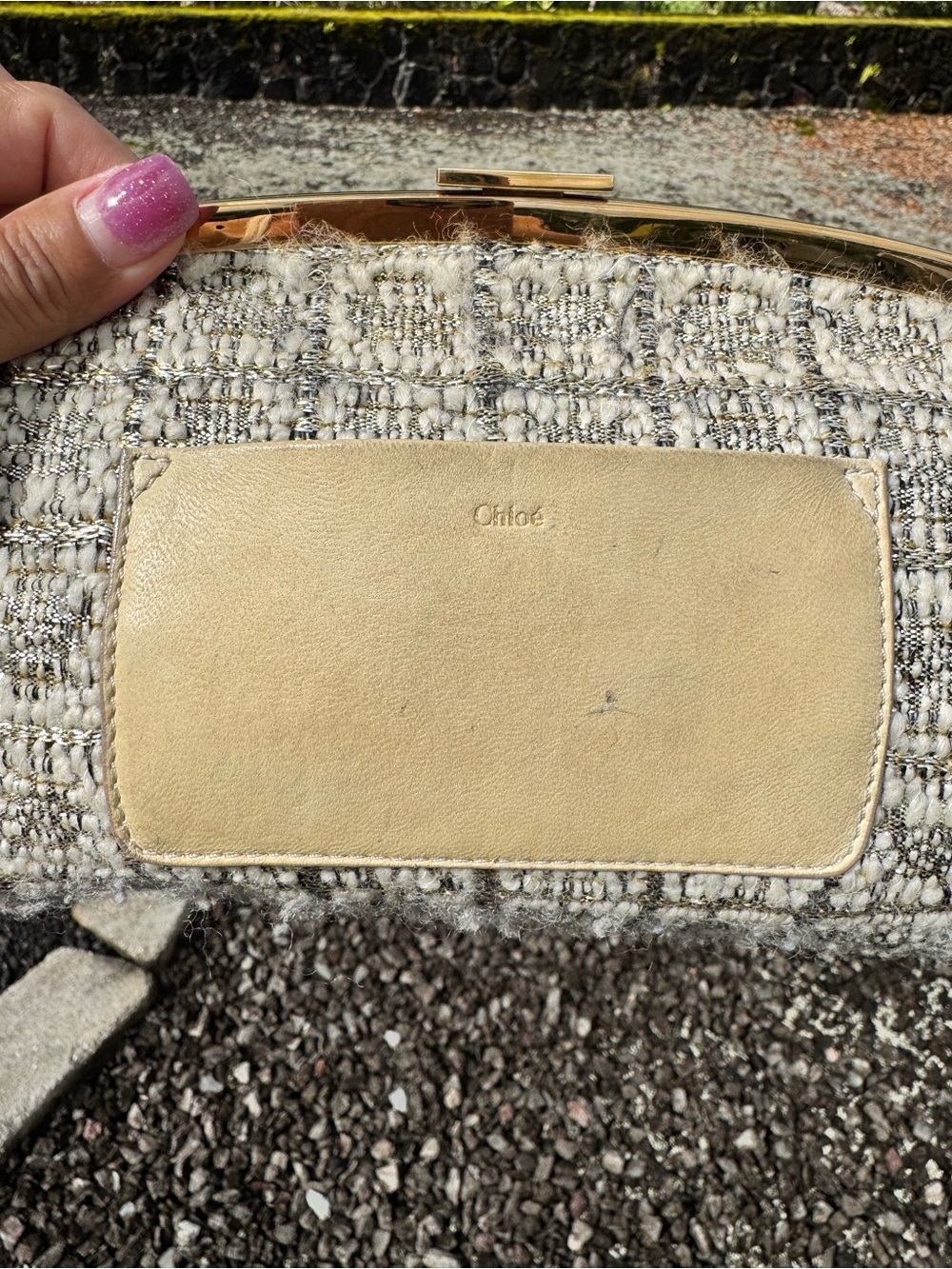 Chloé with COA Tweed Frame Clutch Chain Shoulder Bag Cream Gold Made in Italy - Picture 9 of 17